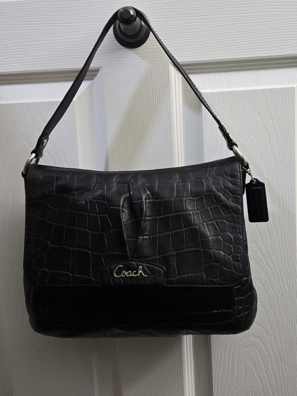 Coach Black Croc-Embossed Leather Shoulder Bag